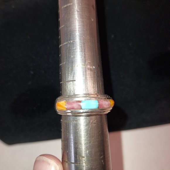 Native American Wide turquoise  & spiny oyster Inlay Ring Signed I J - Picture 8 of 11